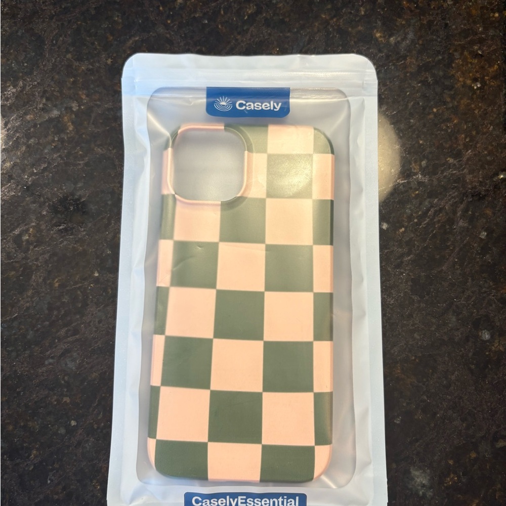 iPhone 14 Checkered Phone Case - Green and Pink